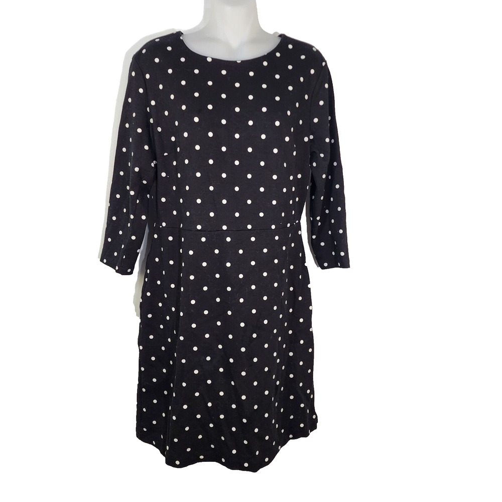 Old Navy Women's Dress Large Black Beige Polka Dot 3/4 Sleeve Knee Length A Line